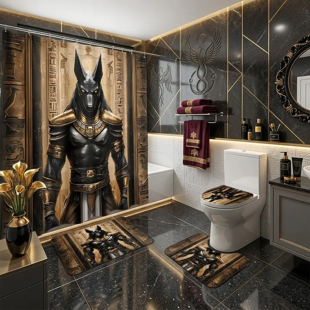 4pcs Ancient Egyptian Anubis Hieroglyphic Shower Curtain Set, Golden Armor God of The Dead Print Bath Mat & Toilet Seat Cover Combo,The floor mat fabric is thicker and softer! Mythology Themed Bathroom Decor for Holiday Housewarming Present