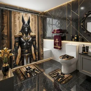 4pcs Ancient Egyptian Anubis Hieroglyphic Shower Curtain Set, Golden Armor God of The Dead Print Bath Mat & Toilet Seat Cover Combo,The floor mat fabric is thicker and softer! Mythology Themed Bathroom Decor for Holiday Housewarming Present