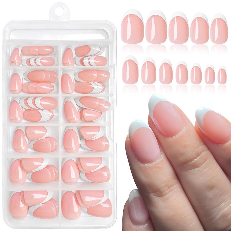 Medium Short Oval Almond Press-on Nails, 120pcs Glossy French Tip Fake Nails, Classic Nail Design At Home Manicure