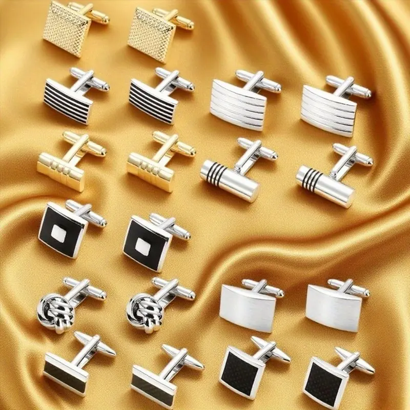 12 Pairs of Cufflinks Men's Classic Color Scheme Elegant and Fashionable Cufflinks Silvery Black Striped Circular Square Rectangular Cufflinks Shirt Set Men's Cufflinks Suitable for Gift Giving, Wedding, Groom's Business