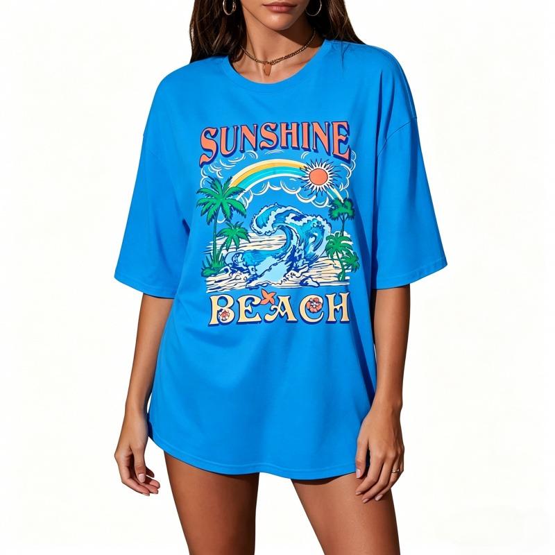 Oversized Hawaiian Shirts,Women Sunshine Beach Tshirt,Hawaii Tropical Tops,Beach Graphic Shirt,Summer Vacation Tee Top,100% Cotton, comfortable, Casual