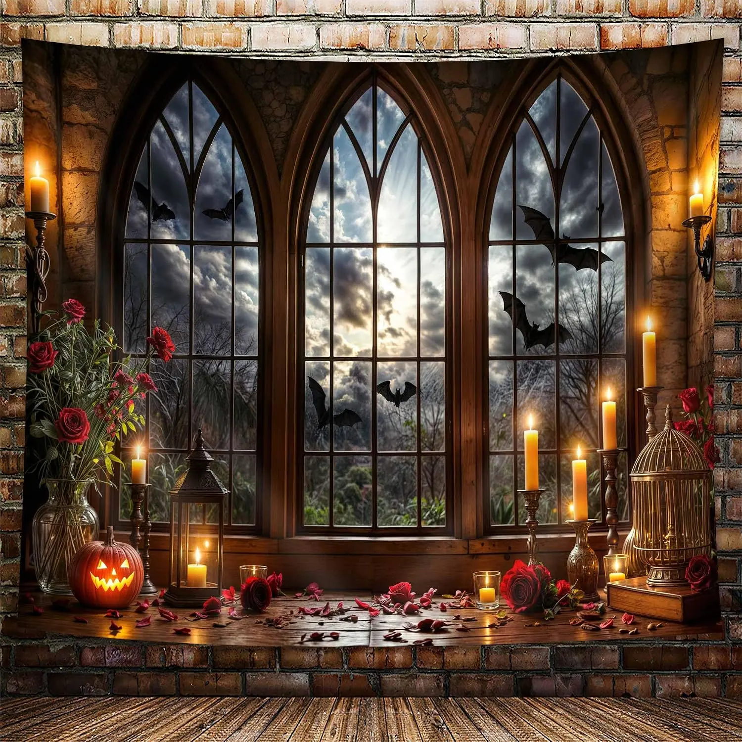 Halloween Gothic Window Tapestry, Spooky Castle Wall Hanging Decor with Bat, Pumpkin & Candle Design for Bedroom, Living Room, Dorm & Dark Academia Room Decor room tapestry home wall decor