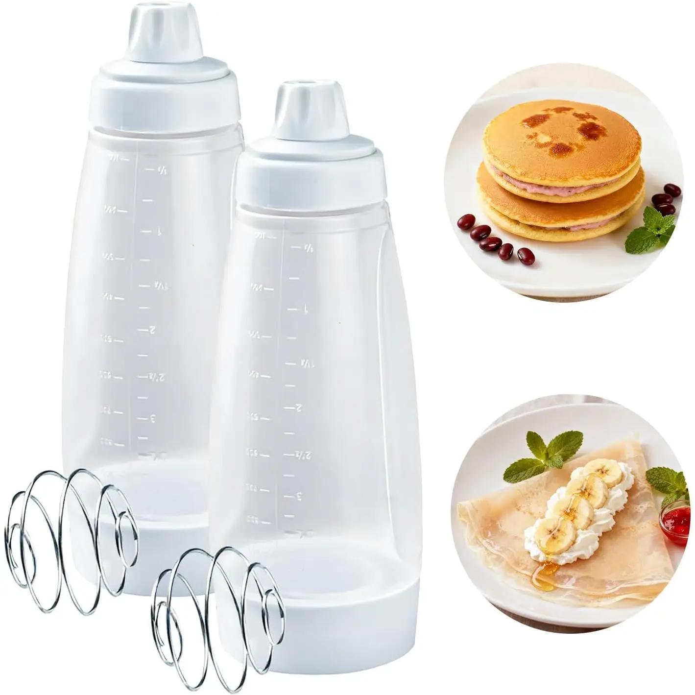 Pancake Batter Dispenser with Blender Balls,2 Pack Batter Mixer and Dispenser with Whisk Ball,Kitchen Pancake Shaker Batter Dispenser Bottle Baking Tool for Cupcakes, Muffins, Crepes, White