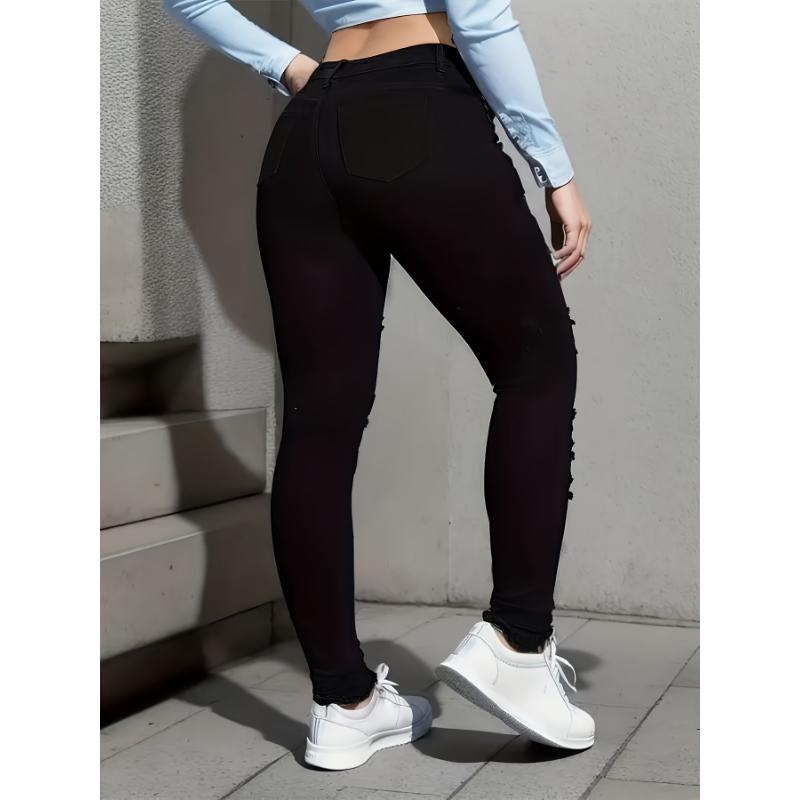 Women's High-Waist Black Skinny Jeans with Unique Buckle Detail - Stretch Denim, Distressed Look, Machine Washable - Perfect for Spring & Autumn Fashion, Plus Size Jeans