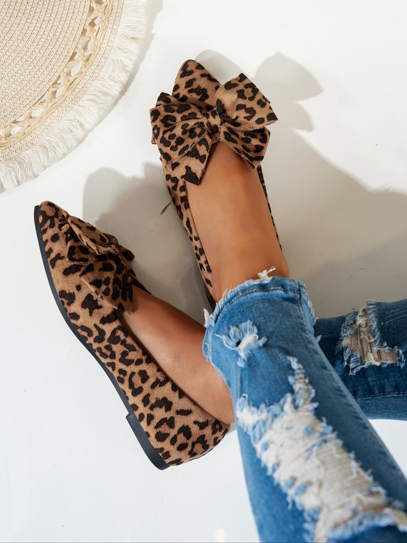 Women's Fashion Leopard Print Bowknot Design Casual Trendy Flat Shoes, Casual Comfortable Slip on Shoes for Daily Wear, Female All-match Pointed Toe Shoes for Daily Wear, Girl, Bowknot Design Flats