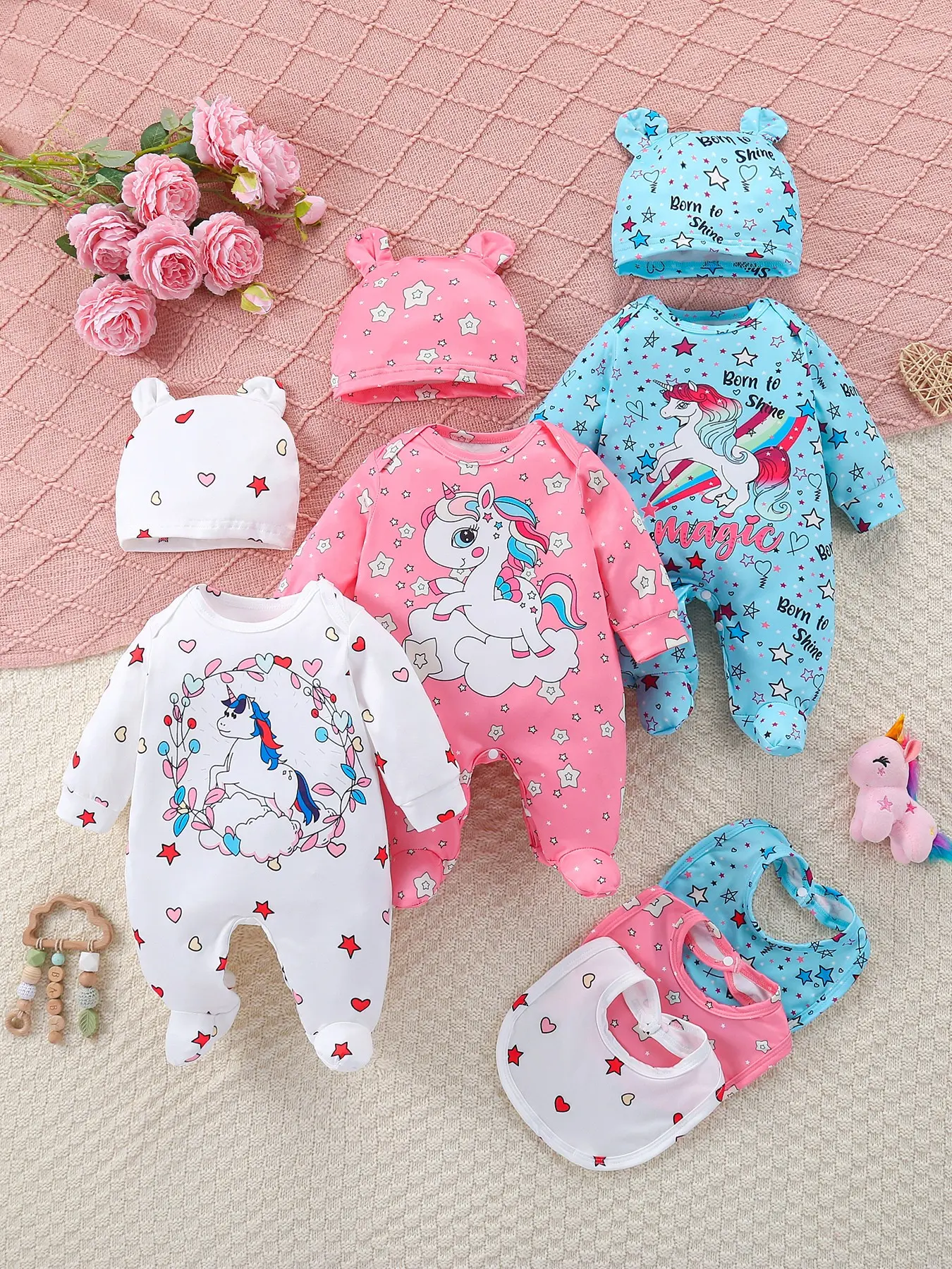 Unicorn Baby Set, Three-Piece Bodysuit with Hat and Bib, Soft Blue, Rainbow Horse Print, Cute, Perfect for Newborns