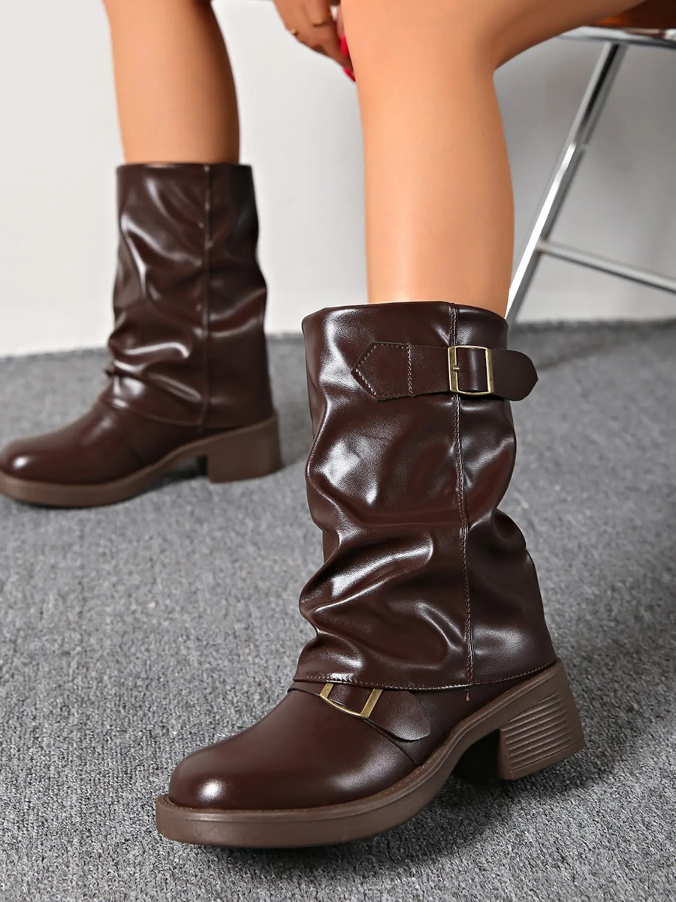 American Retro Belt Buckle Wrinkle Mid-Calf Boots for Women, Thick Heel Round Toe Western Knight Boots, Soft Leather Slim Fit Fall Winter Fashion Boots Cowboy Boots