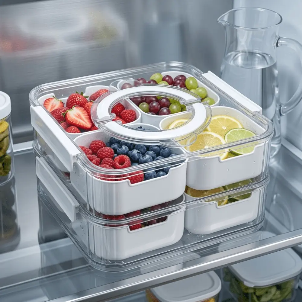 Plastic 2-Layer Compartmentalized Fridge Storage Containers - 8-Compartment Stackable with Lid, Foldable Handle, Divided Produce Saver, Portable Snack Tray for Picnics, Charcuterie & Party Use  Storage Boxes & Bins