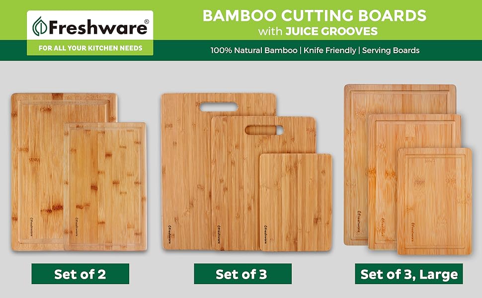 Freshware Bamboo Cutting Board Set of 3, Wooden Cutting Boards for Kitchen, Knife Friendly Food Grade Chopping Board, Lightweight with Hanging Hole for Easy Storage