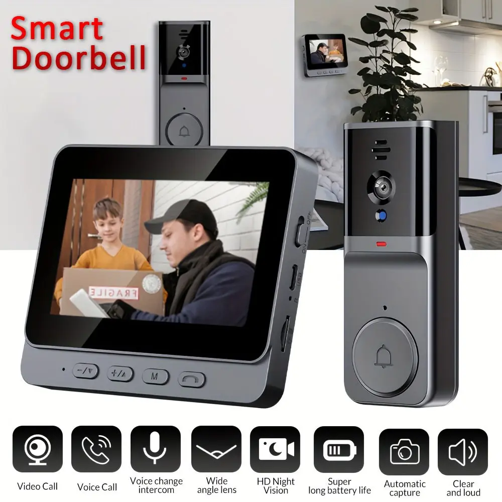 Wireless Video Doorbell with Screen - No WiFi/No APP Required, Two-Way Talk, Night Vision, Rechargeable Battery, Easy Install for Home Security & Apartment Door