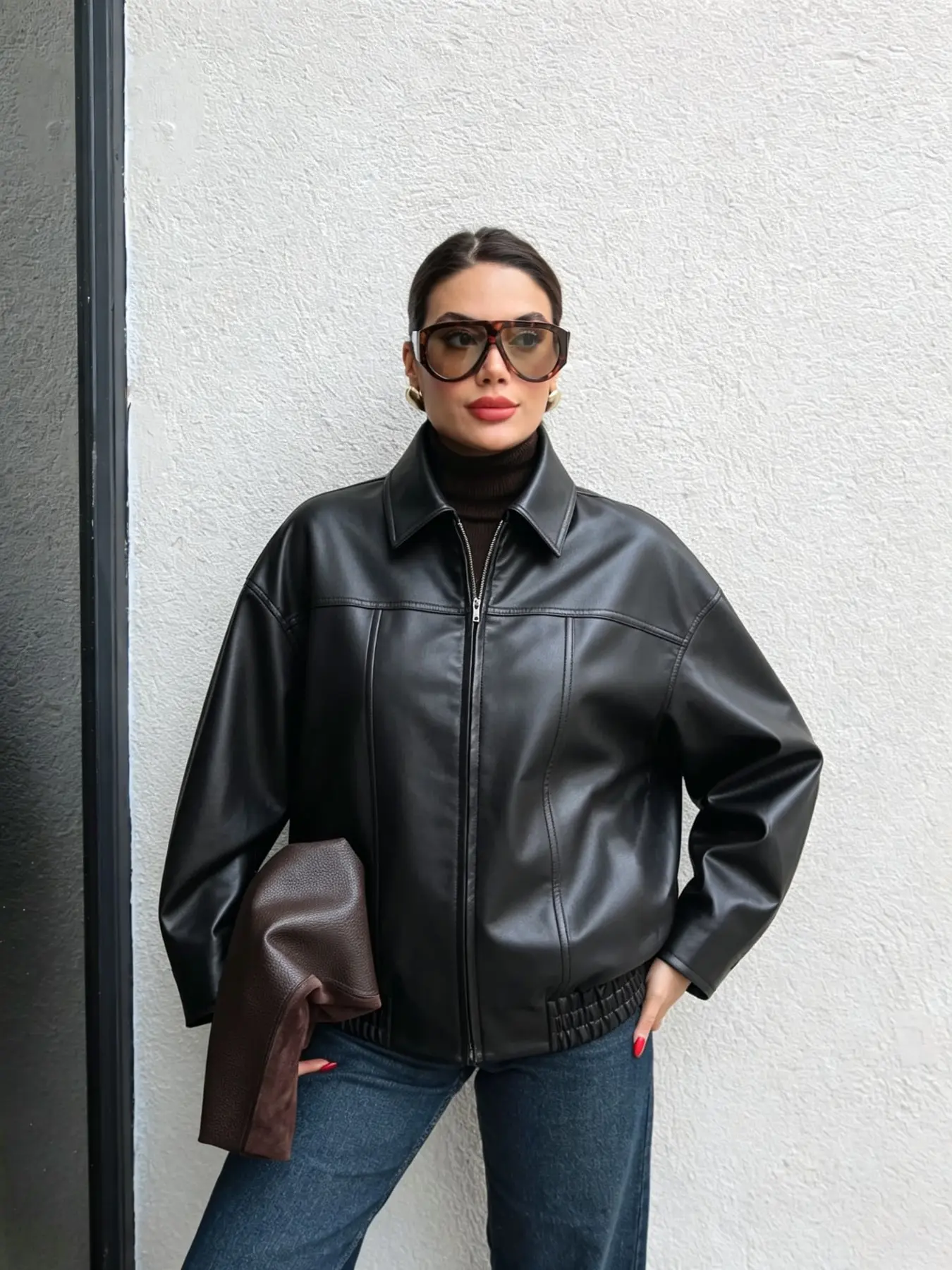 Women's Autumn Winter Casual Zipper Loose Long Sleeve PU Jacket Coat, Stylish and Comfortable Outerwear for Daily Wear, Perfect for Cool Weather