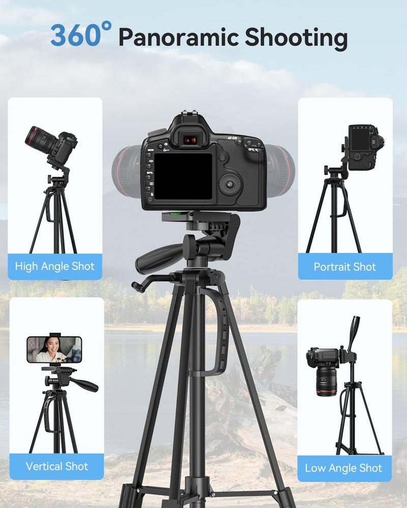 EMEET 55'' Camera Tripod, Travel Floor Tripods Compatible with Cell Phones, Cameras, DSLR and Gopro, for Video Recording Photos Vlogging，with Phone Holder and Travel Bag Smartphone, FathersDayGift