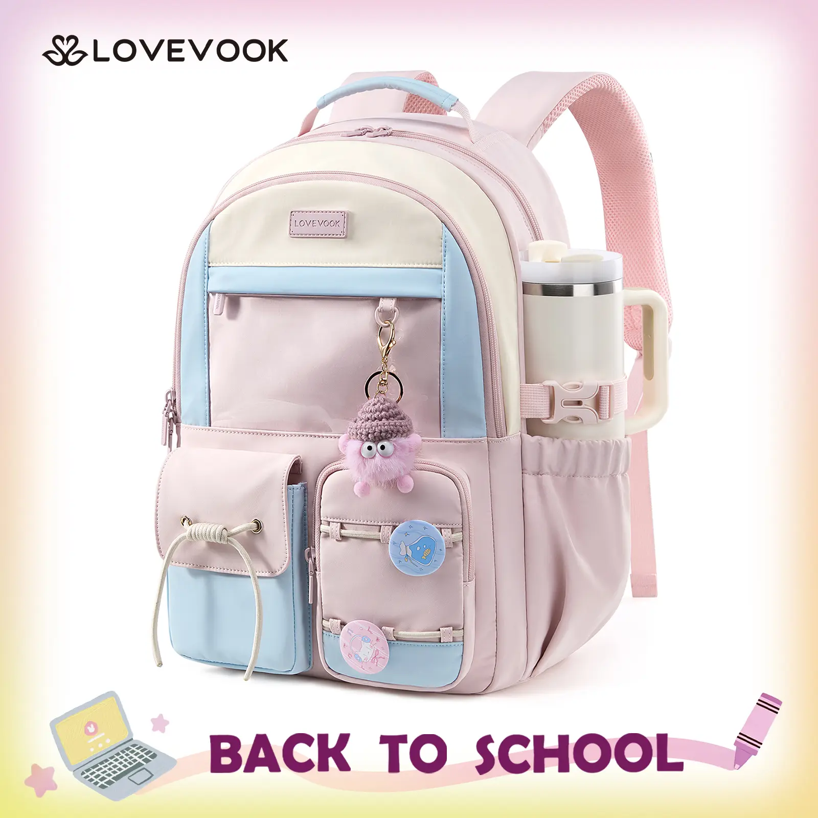 LOVEVOOK School Backpack for Teen Girls, Cute Student Kids Bookbag Ita Bag | Ages 8-16,Back to School,Large Cup Holder,DIY,Fit 15.6"Laptop,Multiple Pockets,College Travel Backpack,Clear Display Pocket