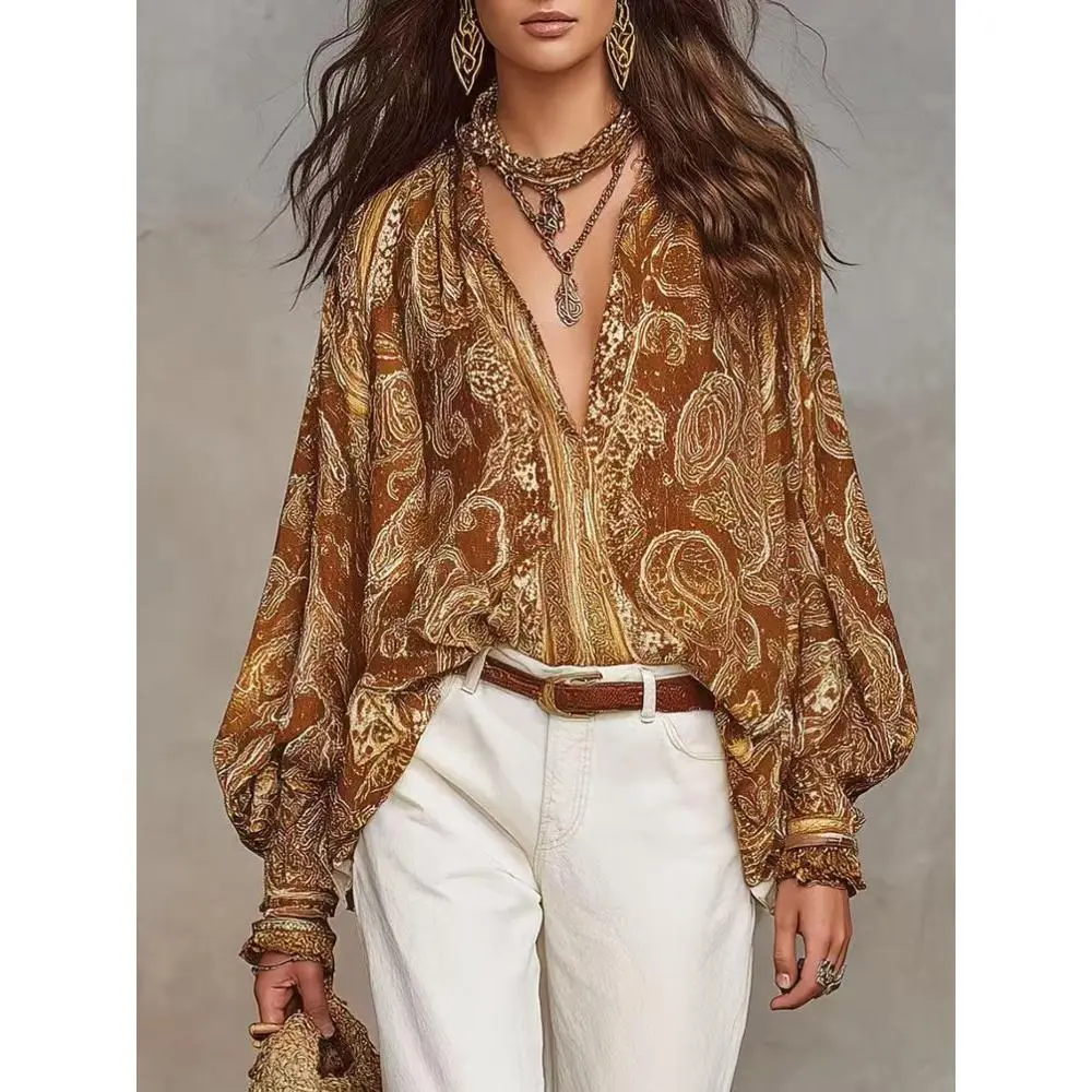 Women's Vintage Brown Paisley Print Chiffon Blouse - V-Neck, Lace-Up Stand-Up Collar, Balloon Long Sleeves, Lightweight Oversized Loose Fit, Aesthetic Bohemian Summer Top for Everyday Semi-Formal Wear (Pairs with Jeans, Skinny Leggings, Jacket)
