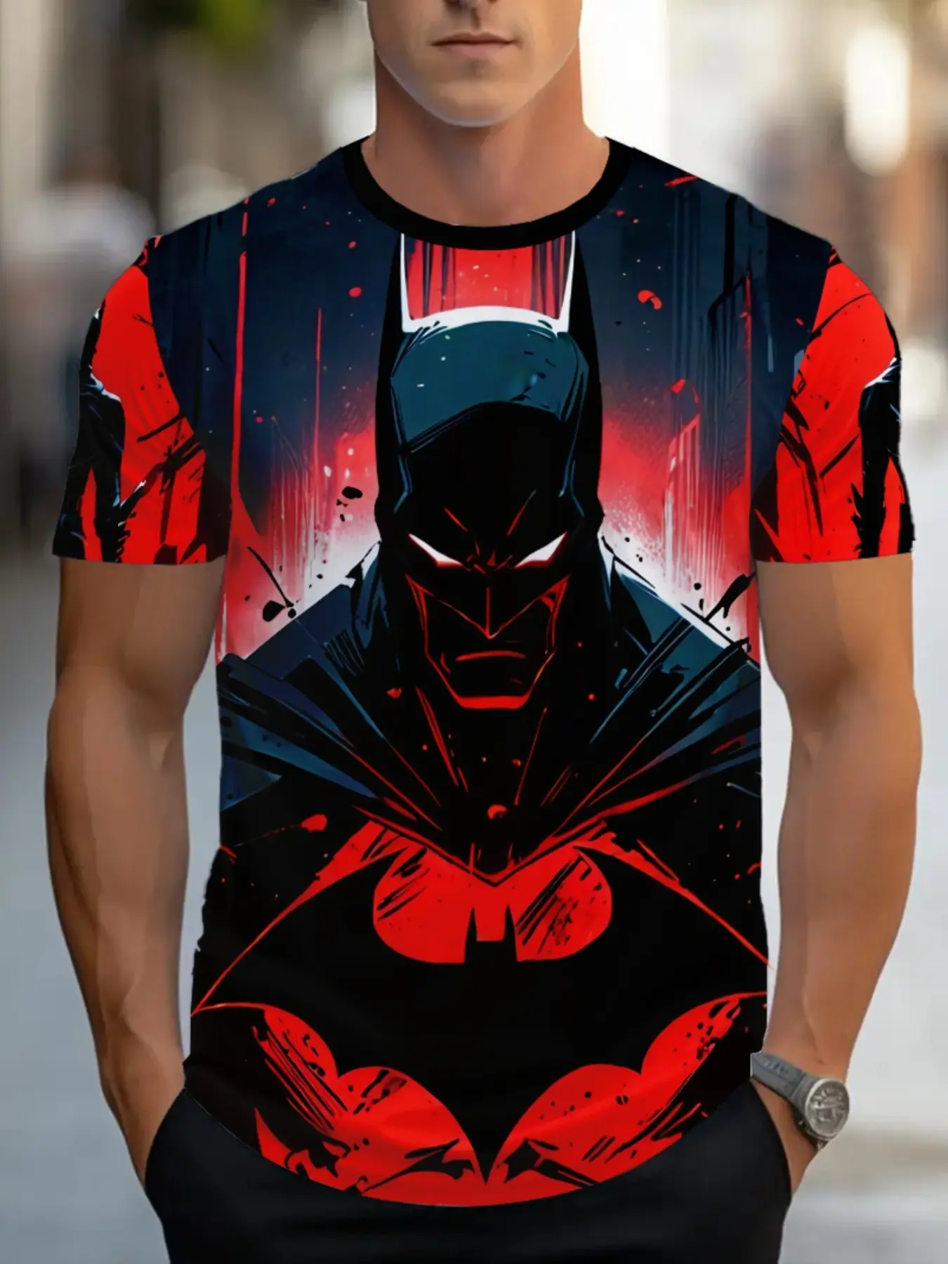 Warner Bros Men's Batman Print T-Shirt, Superhero Comic Style, Casual Streetwear, Long Sleeve, Loose-Fit, All over Print