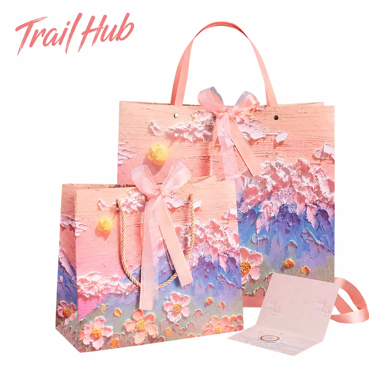 Elegant Floral-Printed Cream-Colored Three-Dimensional Oil Painting Design Gift Bag – Premium Kraft Paper Tote for Birthday, Holiday, and Special Occasion Packaging – Reusable, Sturdy, and Stylish Presentation Solution