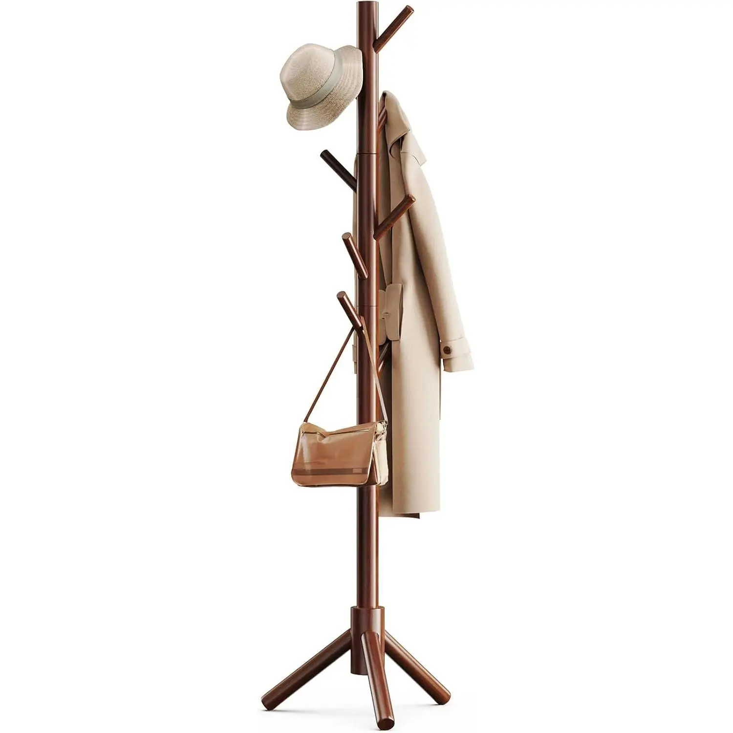 Solid Wooden Coat Rack Freestanding, Hall Tree with 8 Hooks, 3 Height Options for Coats, Hats, Handbags, and Scarves, Tool-Free Assembly, Space Saving Design for Entryway, Office, Bedroom