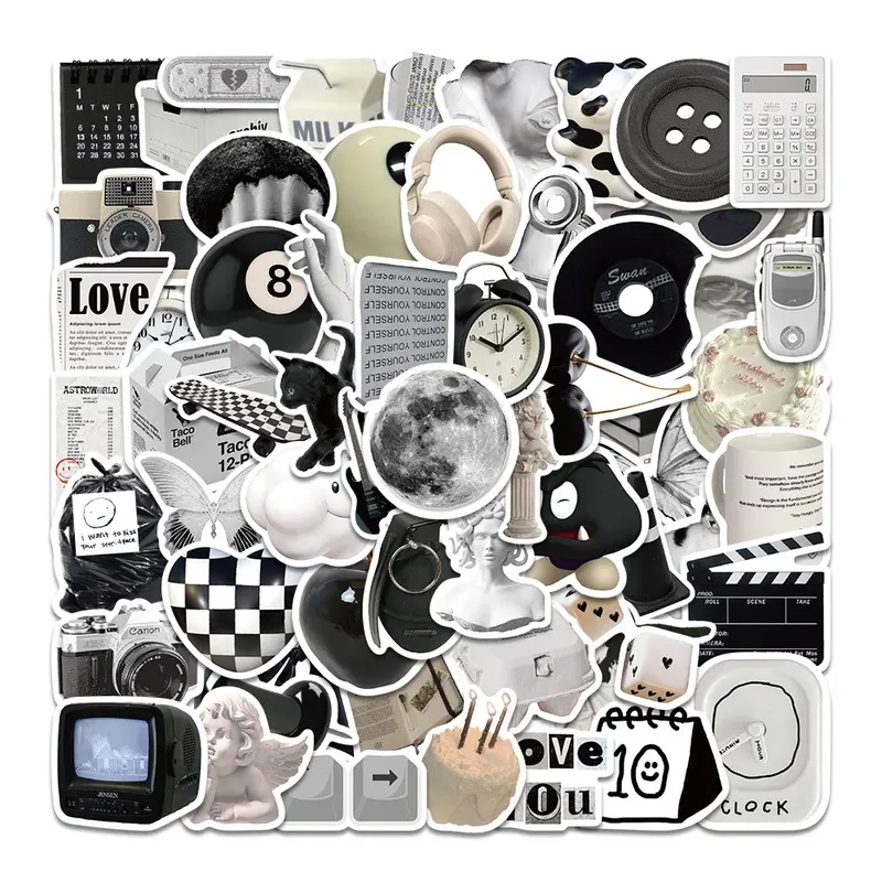 61 black and white minimalist style stickers for decorating suitcases, guitars, computers, mobile phones, water bottles, scooters, and notebooks, tablets, e-books, textbooks, and DIY projects