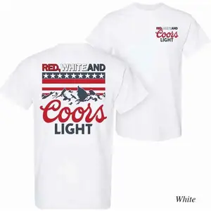 Red White & Coors Light Mountain USA Flag Graphic Tee 4th of July Independence Day Patriotic Unisex T-Shirt American Flag Mountain Print Casual Summer Outfit USA Holiday Beer Lover Short Sleeve Top Streetwear