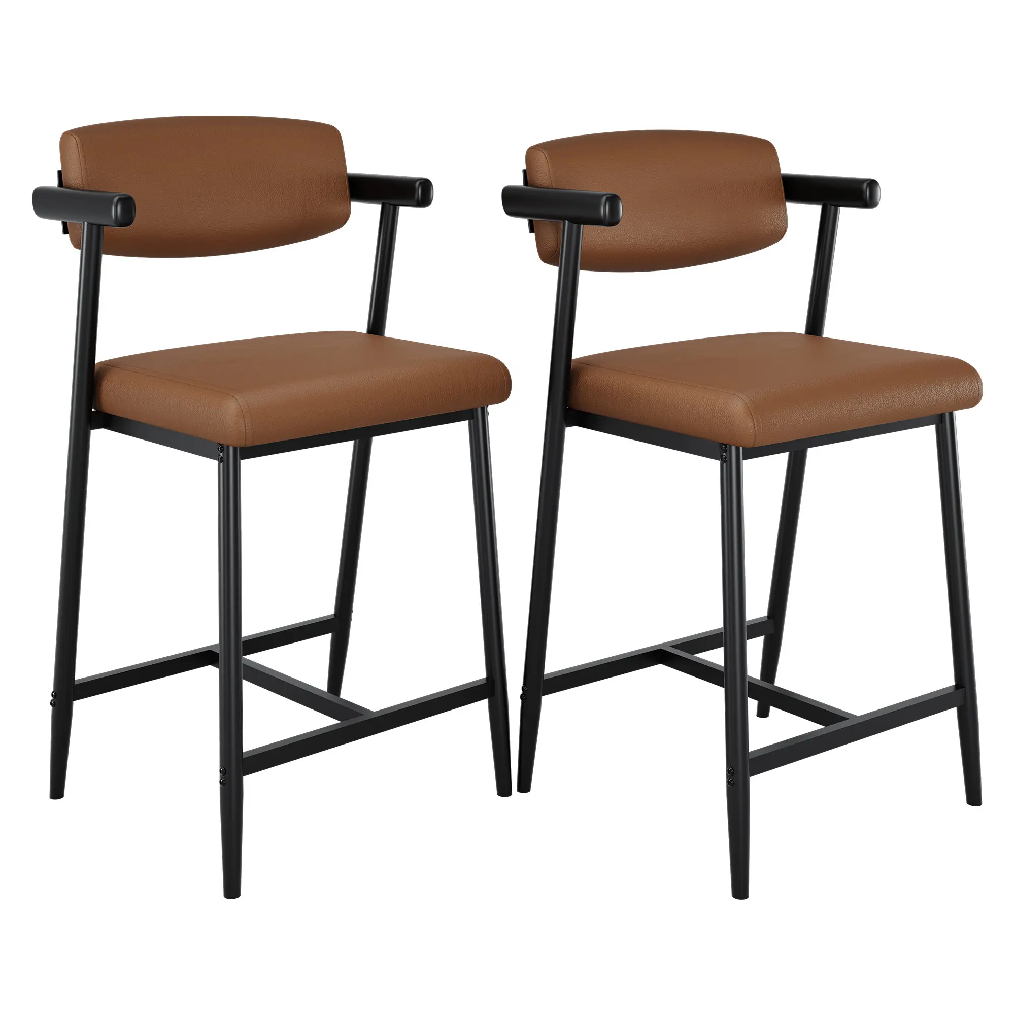 Modern Comfort Bar Stools Set of 2 – 26" Counter Height, Black Leather, Armrests & Back, Wide Upholstered Seat, Sturdy Metal Frame, Footrest – For Kitchen Island, Dining Room, Home Bar – Easy Assembly