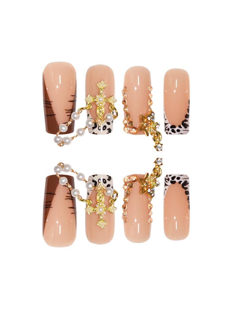 24 Piece Glossy and Leopard Print Press-On Nails with Cross Charm, Pearl Chain and Bling Rhinestone Decoration, Reusable Self-Adhesive Nail Kit for Party and Night Glamour