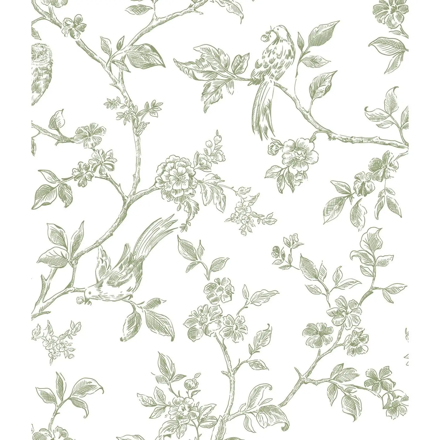 Peel and Stick Wallpaper Vintage Floral Birds Wallpaper Removable | 16.9in×118.1in Green and White Floral Contact Paper Flower Self Adhesive Decorative Wallpapers for Bathroom Bedroom Cabinets