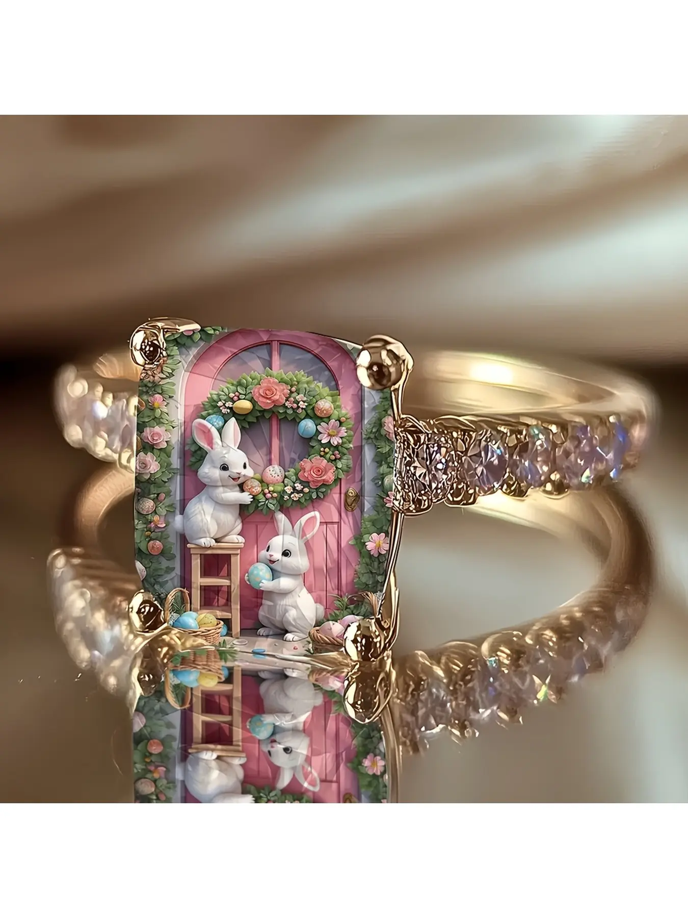 Gold diamond-encrusted square-cut glass ring. Easter double rabbit colored egg garden print finger ring. Conveys good wishes. Spring fairy tale style festival commemorative decorative accessory. Beautiful Rings Fashion Promise Ring