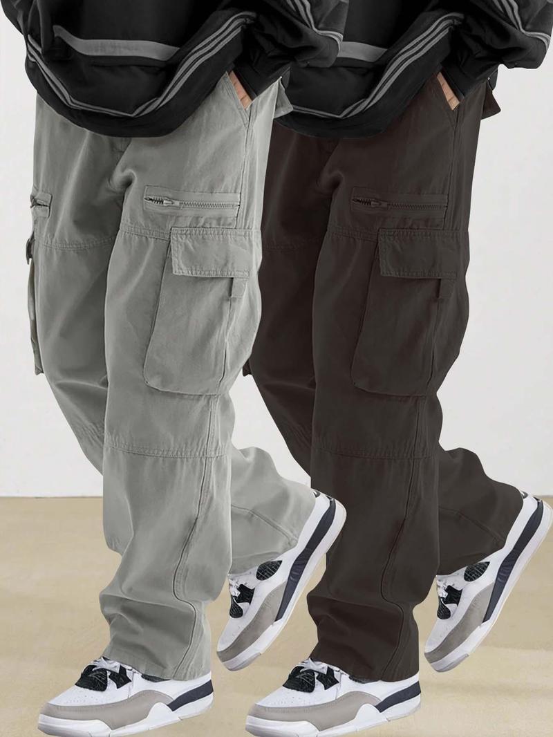 Men's Plain Drawstring Waist Cargo Pants, Loose Street Fashion Zipper Multi-pockets Casual Slant Pocket Trousers, Pants for Men, Menswear Summer Work Outfits, Mens Bottoms, Casual Sporty Trousers