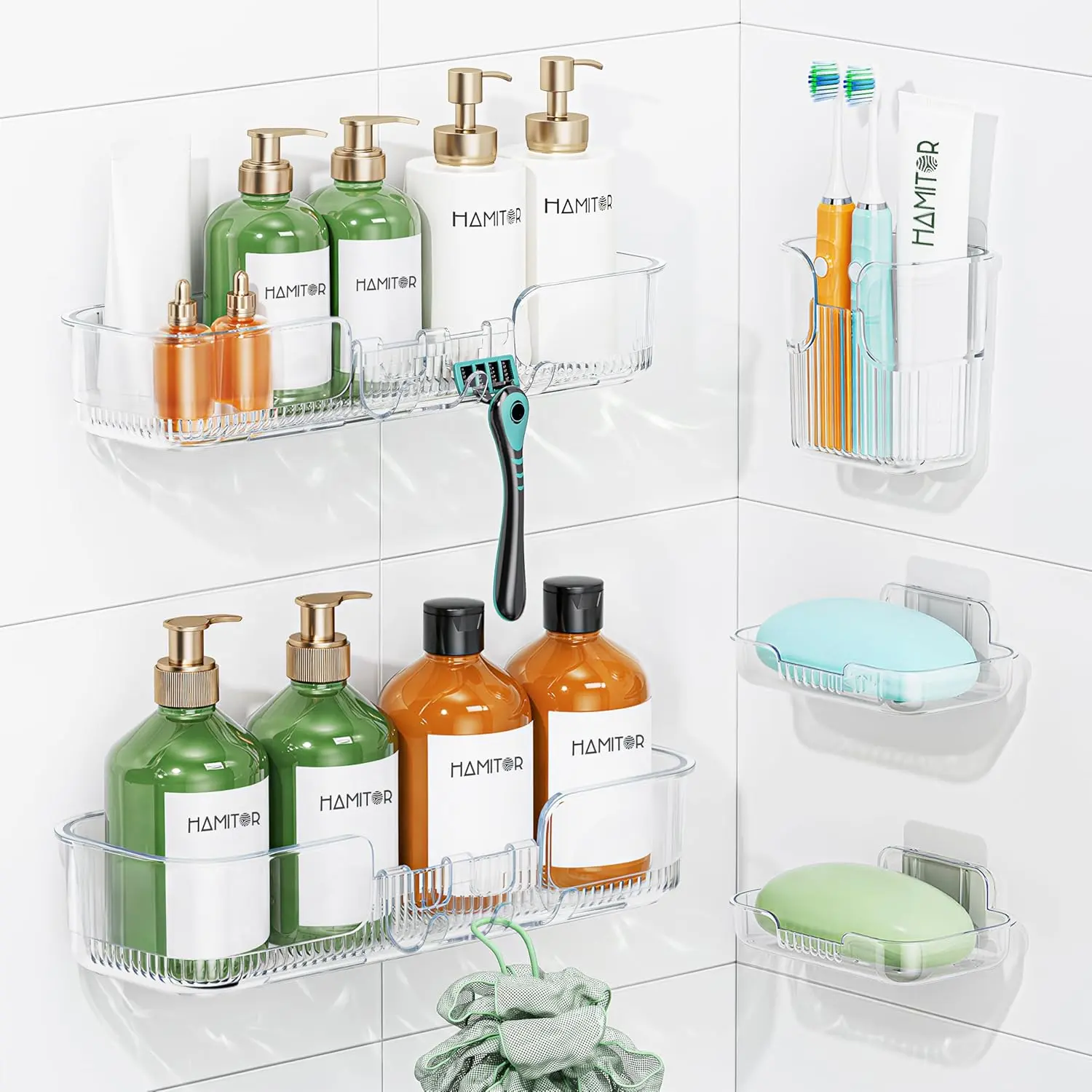 Adhesive Shower Caddy for Bathroom: 5 Pack Clear Bath Shelves No Drilling for Modern Renters & Home Decor - Rustproof Acrylic Shower Organizer for Bathroom Storage