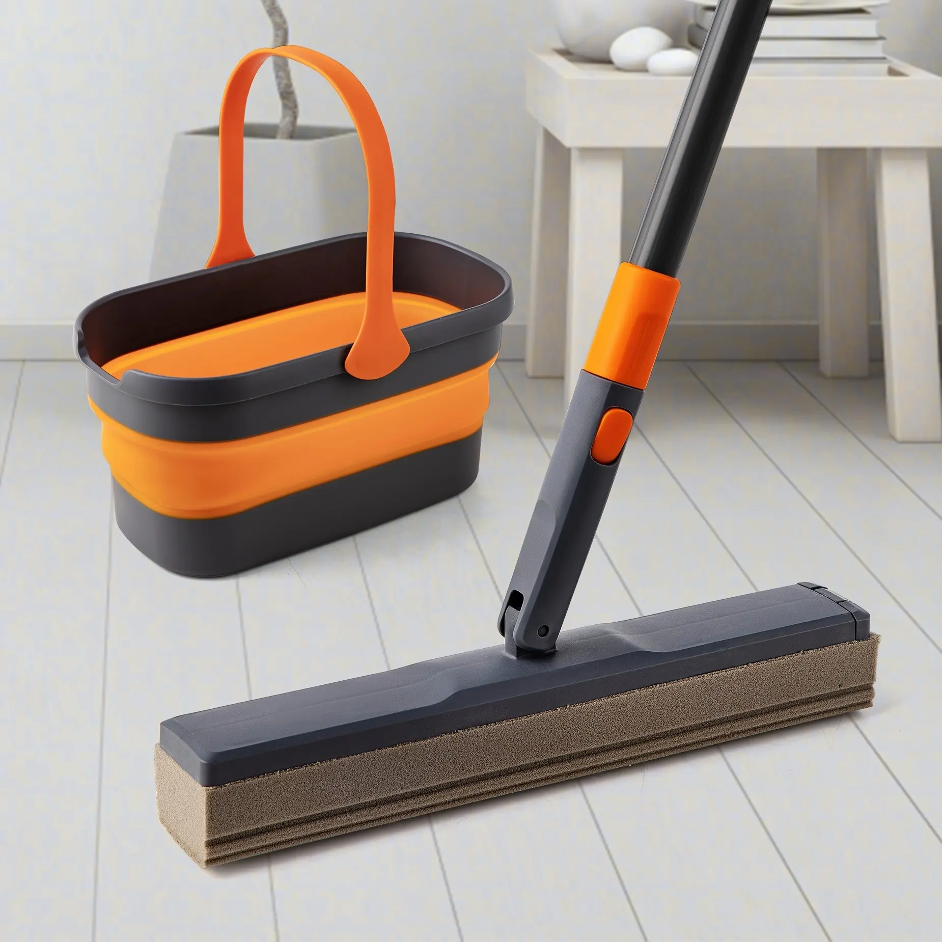 Sponge Mop Kit And Collapsible Bucket, Mop And Bucket For Floor Cleaning, Hands Free Home Floor Cleaning, Floor Cleaning System