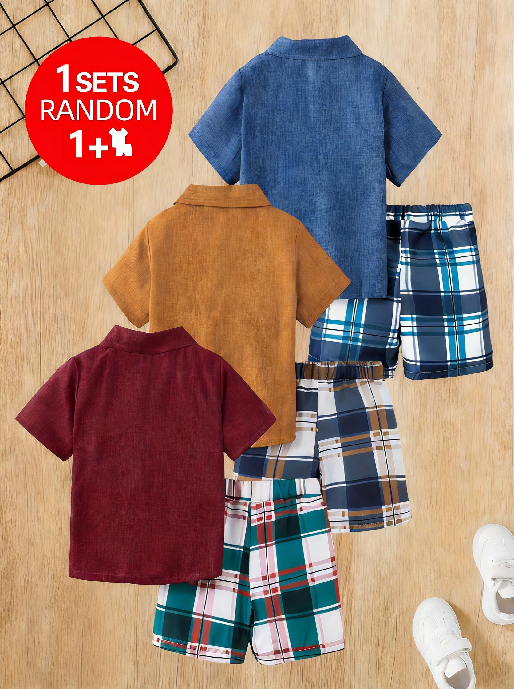 Randomly 1 Set, 2pcs, Boys' Shirt And Shorts Set, Featuring A Checkered And Striped Pattern with Printed Stitching, Fashionable And Trendy, Versatile, 3-12Y Teen Boy Clothing, Casual Wear, Outdoor Sports, Easter Giftr, Polyester, Perfect for Outdoor