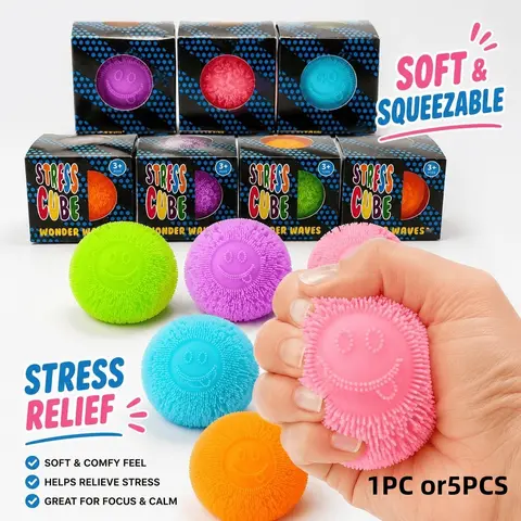 Spiky Happy Face Squishy Ball, Soft TPR Flour-Filled Squeeze Fidget Toy, Fidget Item, Textured Sensory Desk Toy, Stress Reliever, 5 Colors, 1 or 5 Pack