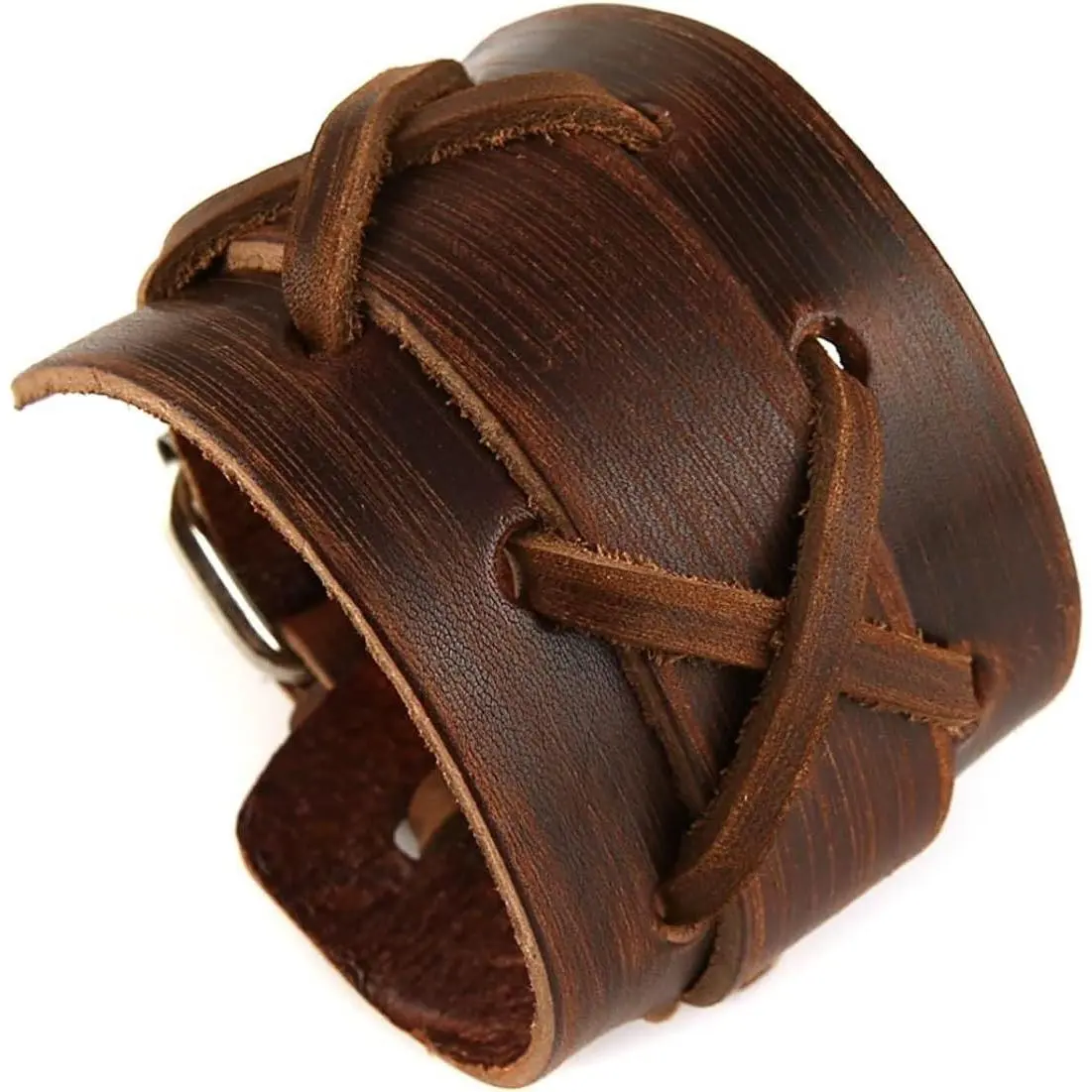 Punk Leather Cuff Bracelet, 2PCS Vintage Braided Leather Wristband for Men Women(Gift)