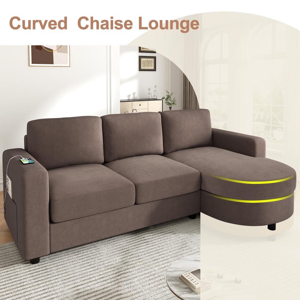 84.6" L-shaped Modern Sectional furniture Sofa Couch with a Curved Chaise Lounge, USB Ports and Side Storage Pockets for Living Room, Brown