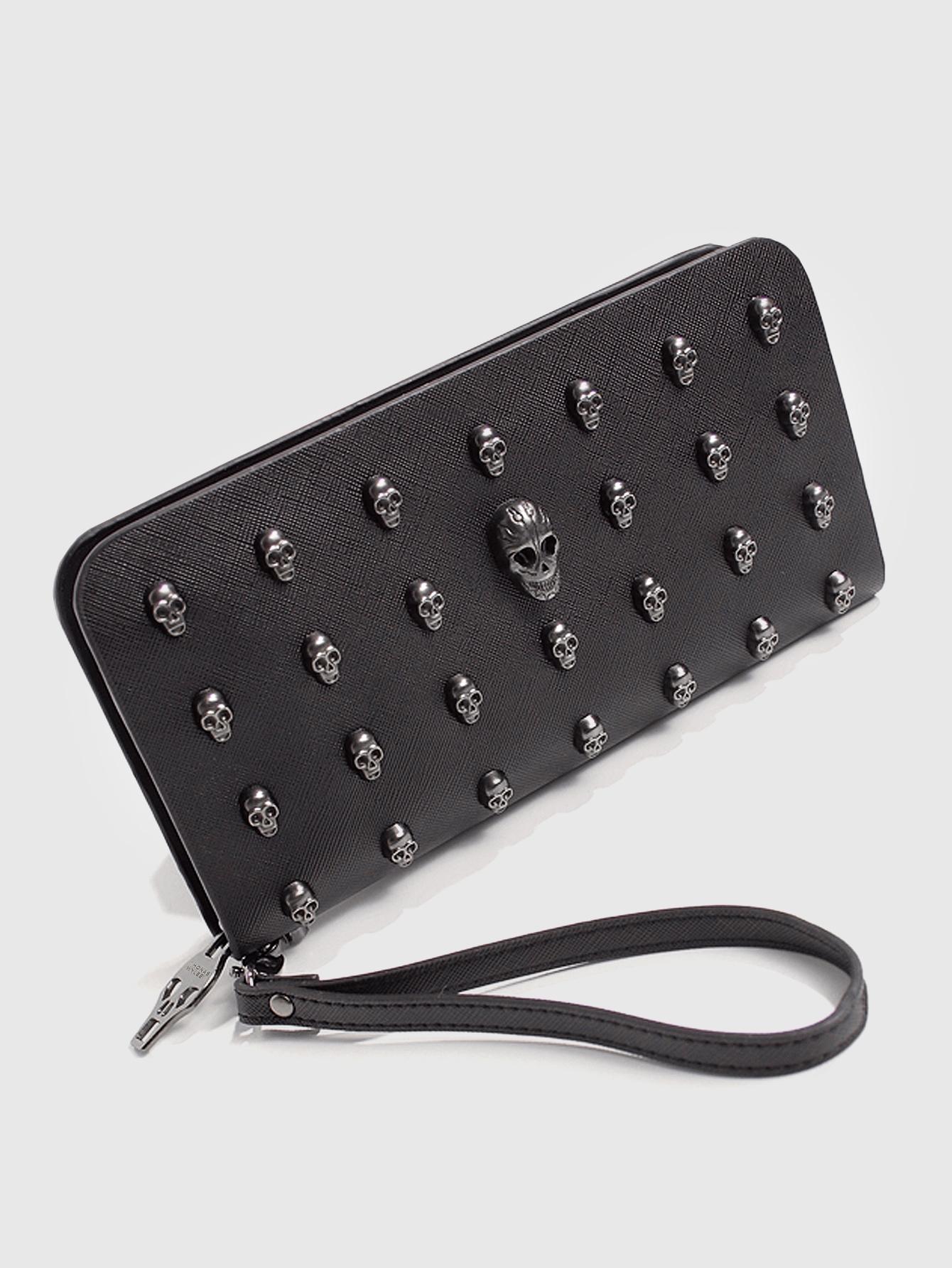 Halloween Black Skull Rivet Coin Wallet, Men's and Women's Wallets, Punk Style Skull Design, Large Capacity Zipper Closure, Wrist Zipper Long Gothic Style Wallet, Durable Travel Accessories