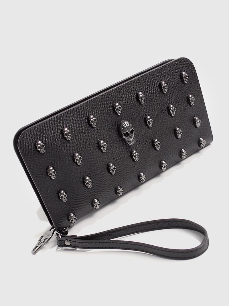 Halloween Black Skull Rivet Coin Wallet, Men's and Women's Wallets, Punk Style Skull Design, Large Capacity Zipper Closure, Wrist Zipper Long Gothic Style Wallet, Durable Travel Accessories