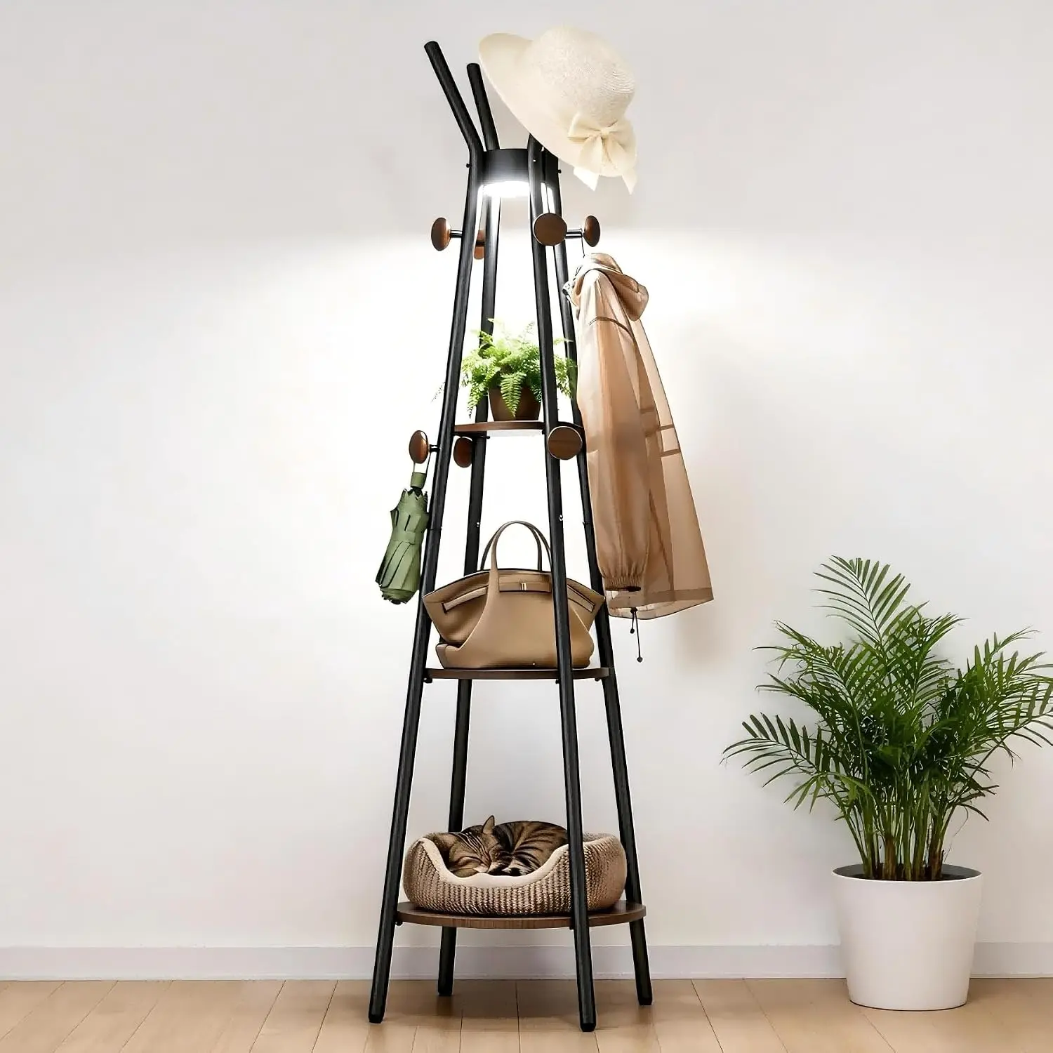 Coat Rack, Freestanding Coat Rack with 3 Shelves and 12 Hooks, Coat tree with Motion Sensor Light for Entryway, Livingroom, Hall Tree Free Standing for Coats, Scarves, Handbags, Black
