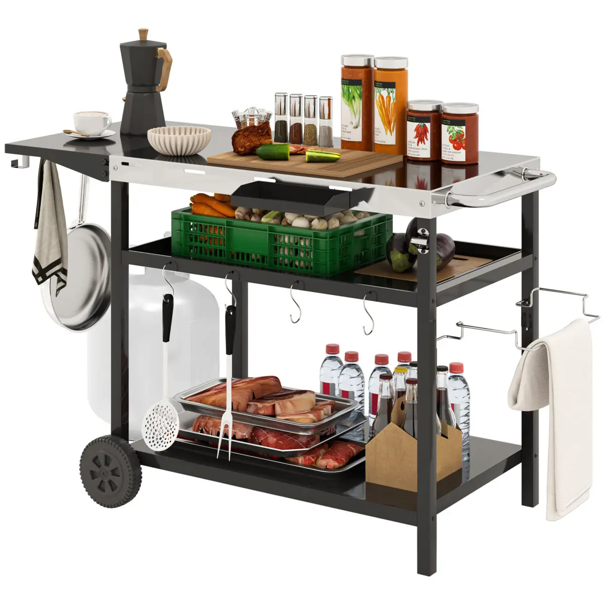 Outsunny Stainless Steel Outdoor Bar Cart Grill Table with Wheels, 3-Shelf Storage, Hooks for Camping Pizza Oven Prep (Aobtkel)