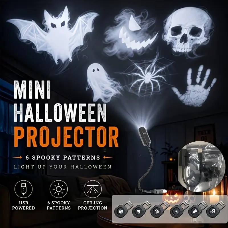 USB Mini Halloween Projector Light, 3/6 Replaceable Patterns, Holiday Decor Bedroom Atmosphere, Designed for Halloween, Festival Decoration