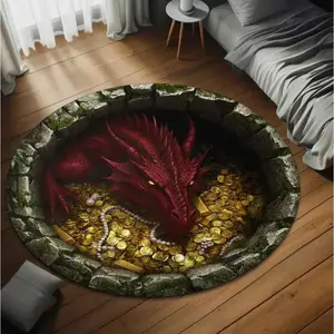 Dragon Design Rug, Round Non-Slip & Washable Carpet for Entryway, Living Room Home Decor