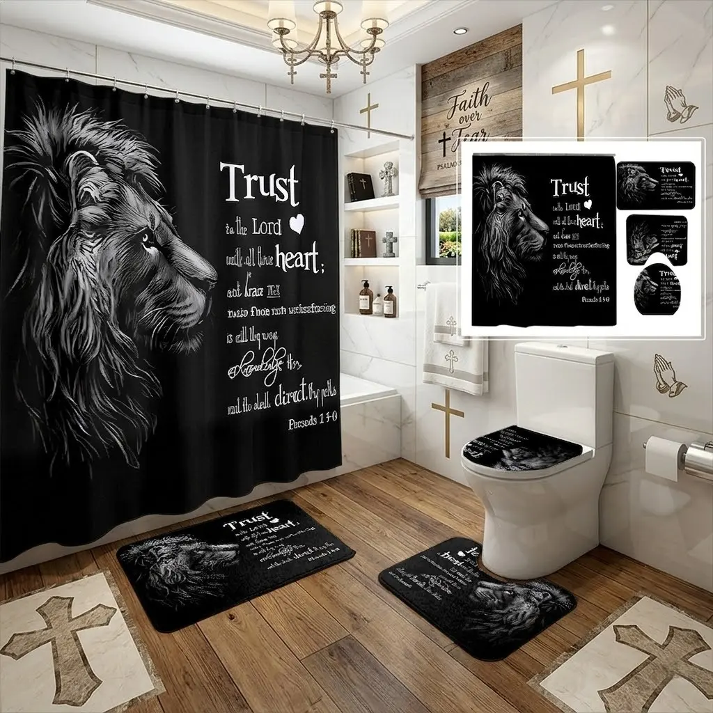 4pcs Dark Solid Base Wild Lion Mane Sketch Trust The Lord Scripture Art Shower Curtain Combo, Decorative Coordinating Bath Mats & Toilet Seat Cover, The floor mat fabric is thicker and softer! Bold Faith Styling for Spring Holiday Home Refresh