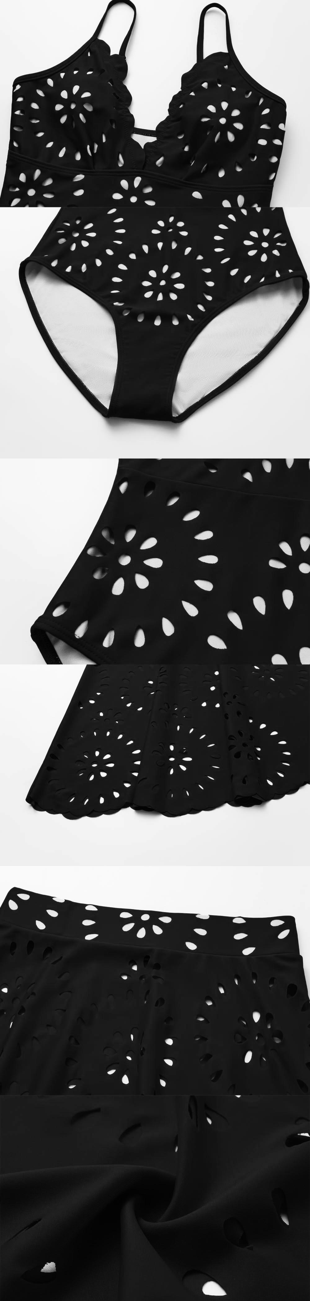 Women’s Laser Cut Dotted Black One Piece Swimsuit and Cover Skirt Swimwear Set Chic Beachwear Stylish Bathing Suit Swim Outfit,trending swimsuits 2026