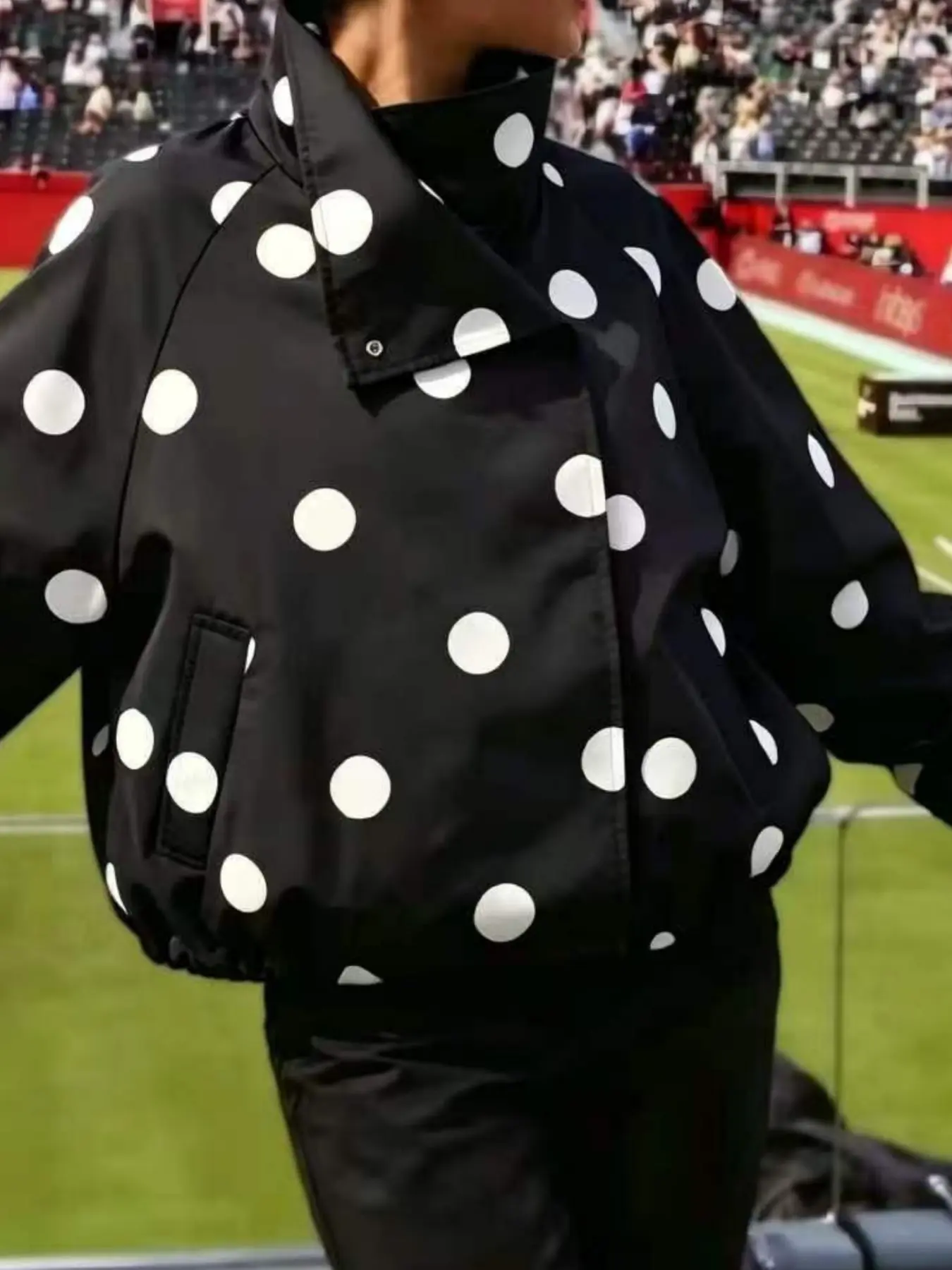 1 piece, women's minimalist long-sleeve stand-collar polka-dot chic bomber jacket—short outerwear Polka Dot Jackets; available in white, black, dark brown, and pink.