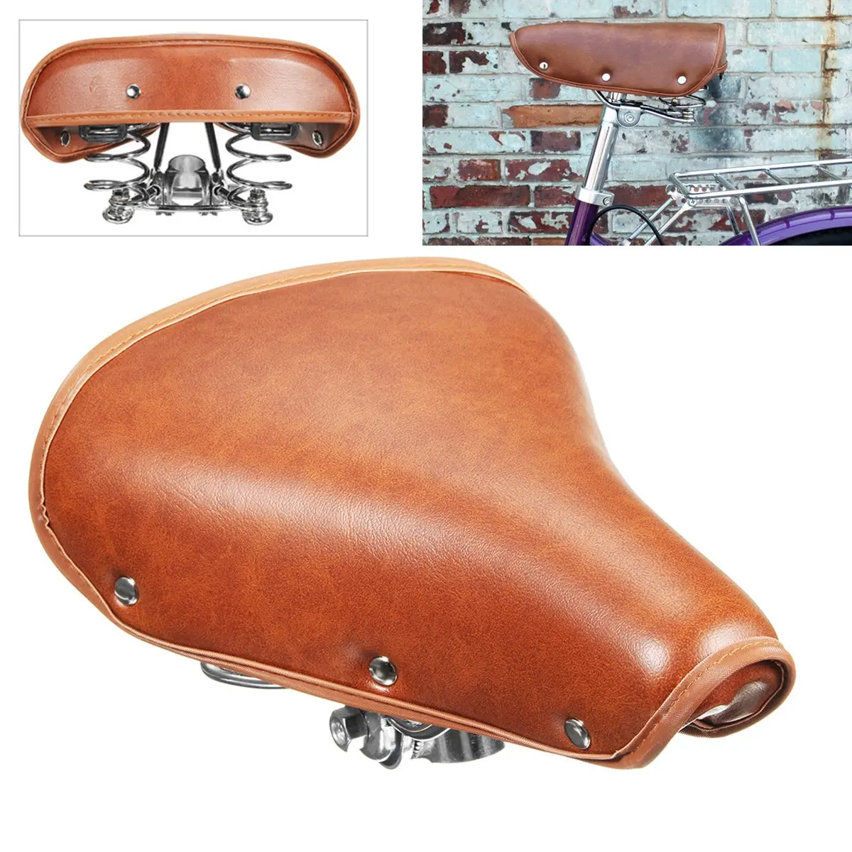 Bicycle Leather Saddle Vintage Retro Riveted Cycling Saddle Comfortable Seat
