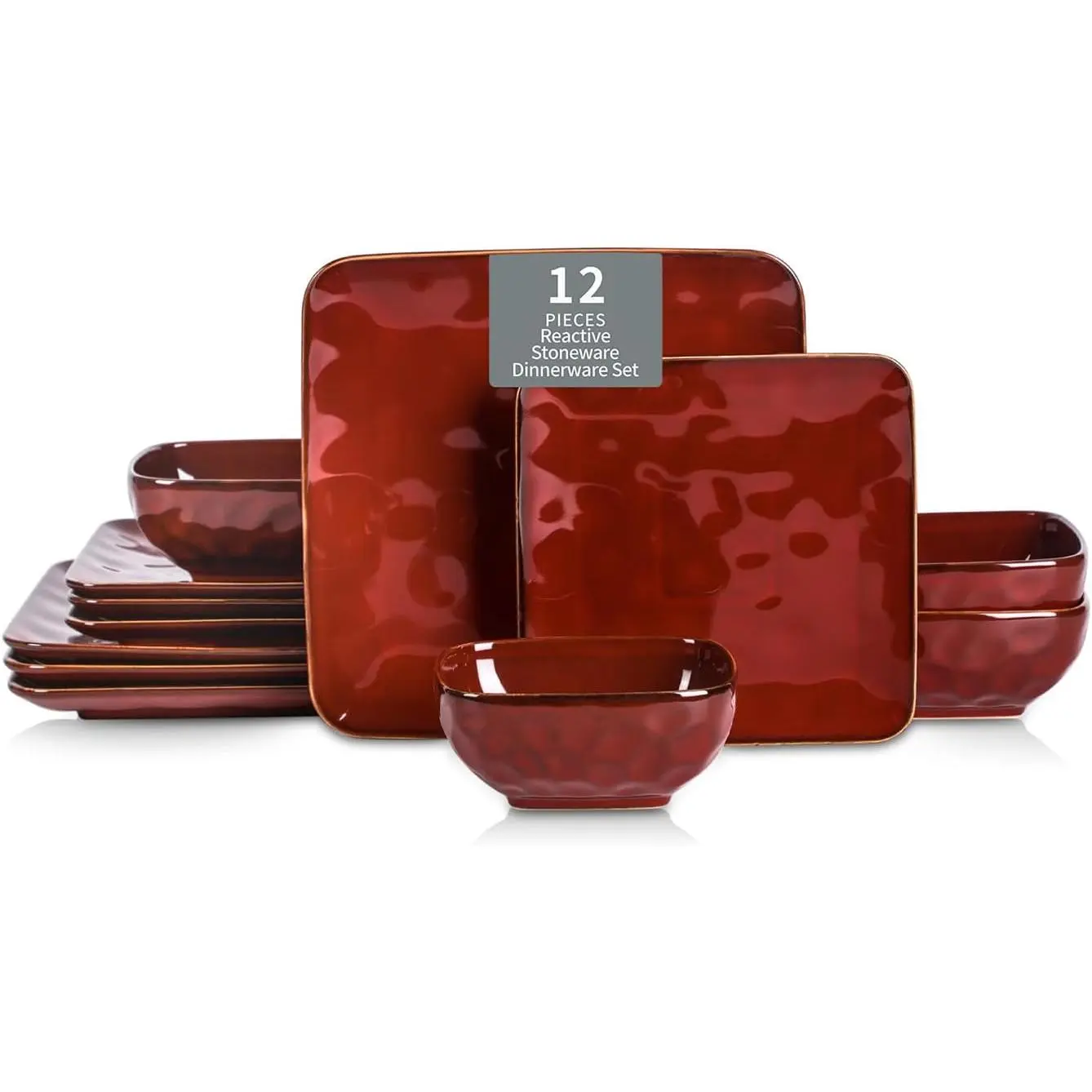 Ceramic Square 12 count Dinnerware Set - Dinner Plates Salad Plates Cereal Bowls Set Service for 4 - Scratch Resistant Microwave Oven Dishwasher Safe - Cherry Red