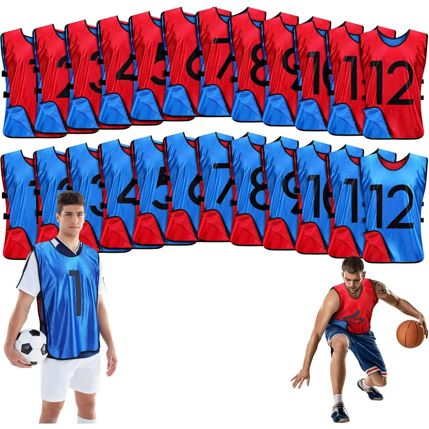 12 Pack  Pinnies Basketball Football Jersey Soccer Practice Vest, Fabric Reversible Numbered Pinnies  Scrimmage Vest for Adult Youth Team, L Size