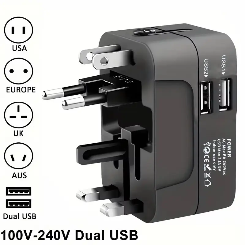 Universal Mobile Charging Adapter - AC Power Adapter with 2 USB Ports, Travel-Ready Universal Plugs, Sockets for USB Devices
