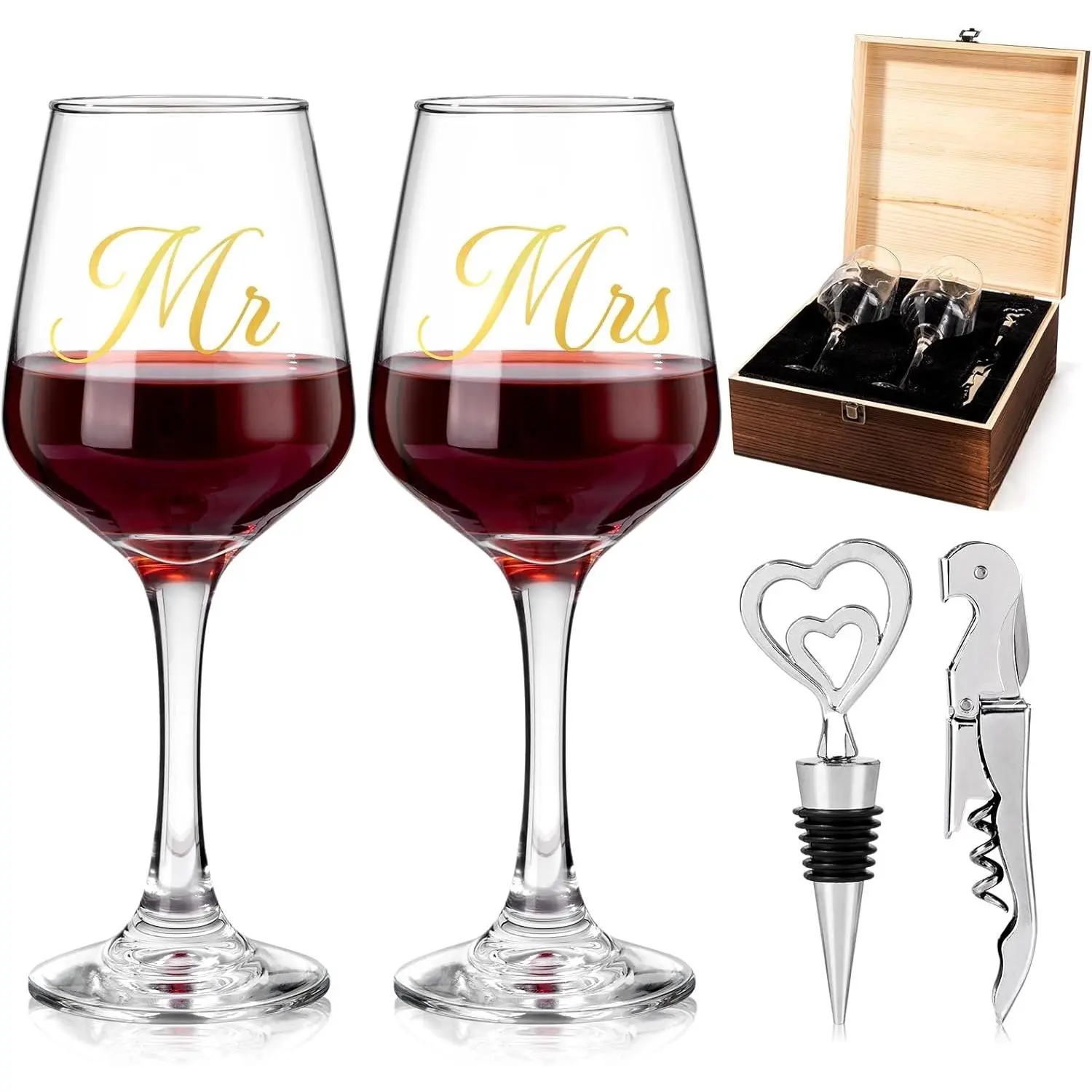 Wine Glasses Gift Set for Couples, Wedding Engagement Bridal Shower Anniversary Gifts, Includes Wine Opener Stopper with Engraved Wooden Keepsake Box for Bride and Groom