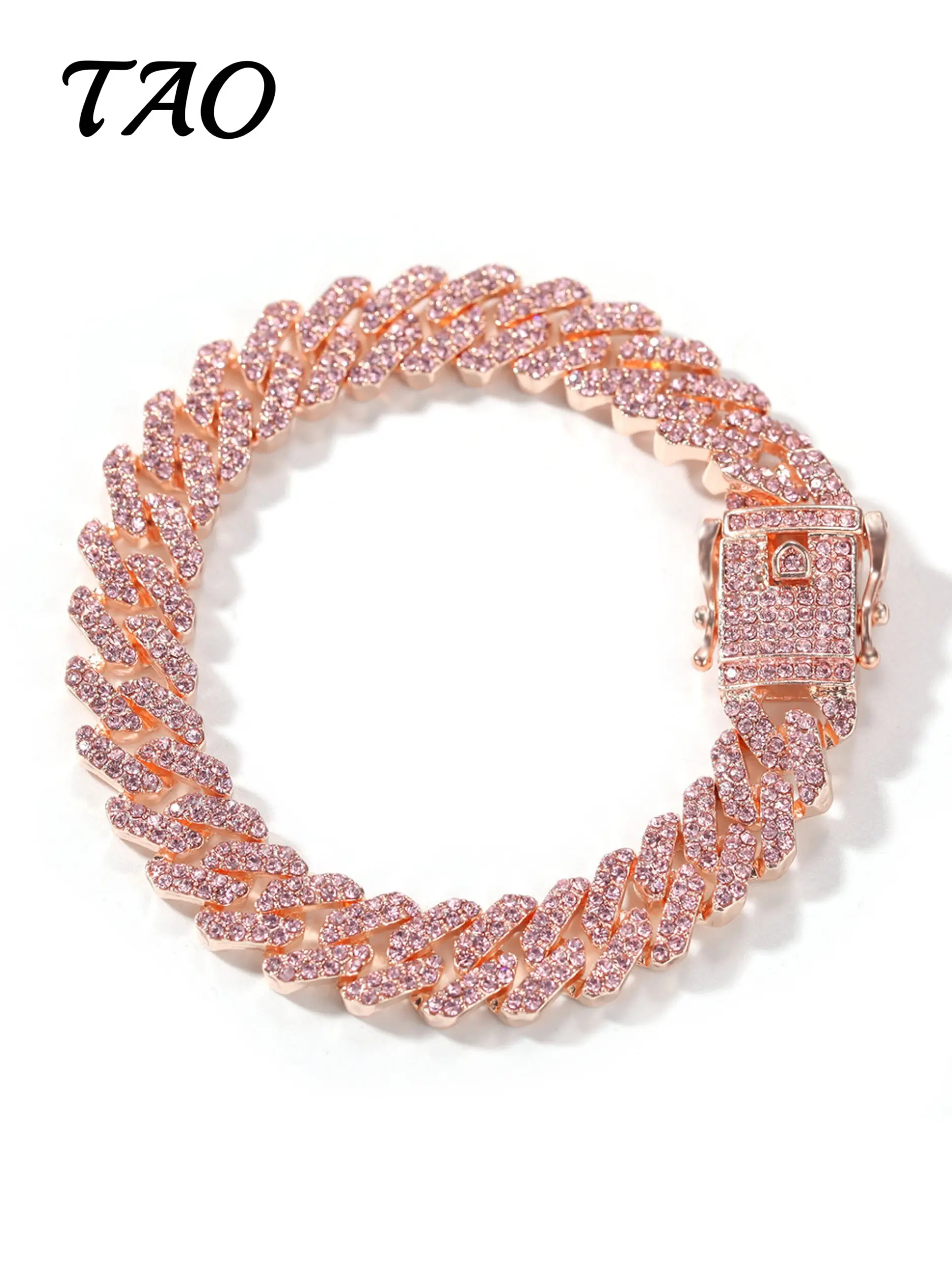 TAO-Creative Cuban Link Bracelet, 12mm Wide, Alloy with Rose Gold Zirconia, Hip Hop Style, Unisex, Perfect Gift for Birthday and Anniversary