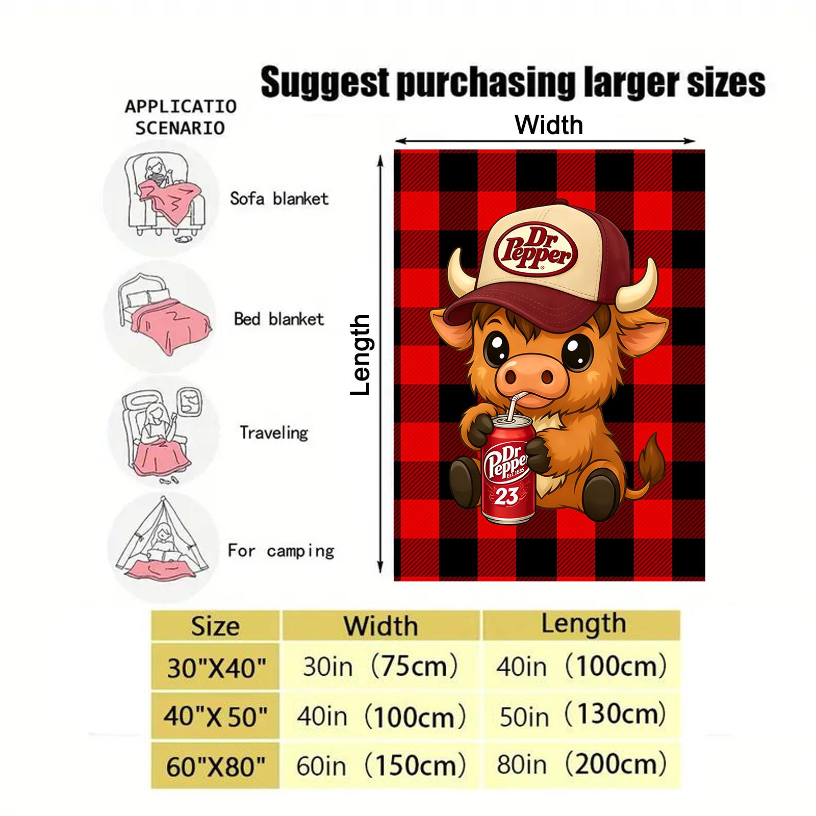 Highland Cow Wear a Hat Cute Pattern Dr Pepper Flannel Blanket,Red and Back Checkered Blanket 1 Count Soft Warming Bedding Blanket Comfy Lightweight Bedding